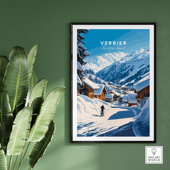 Verbier ski print showcasing snowy mountains and chalets in Switzerland, perfect for ski enthusiasts and home decor.