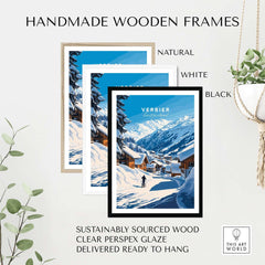 Handmade wooden frames in natural, white, and black, showcasing a Verbier ski print, ready to hang and sustainably sourced.
