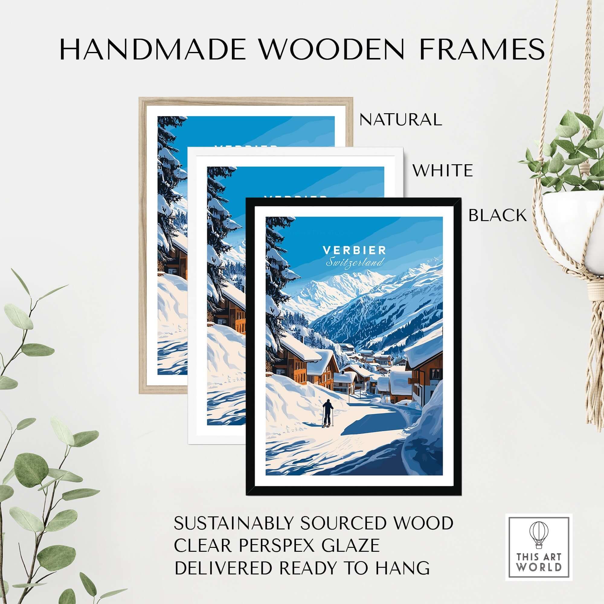 Handmade wooden frames in natural, white, and black, showcasing a Verbier ski print, ready to hang and sustainably sourced.