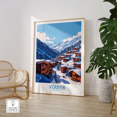 Verbier travel poster showcasing the iconic Swiss ski resort with snowy mountains and charming chalets. Perfect for adventure enthusiasts.