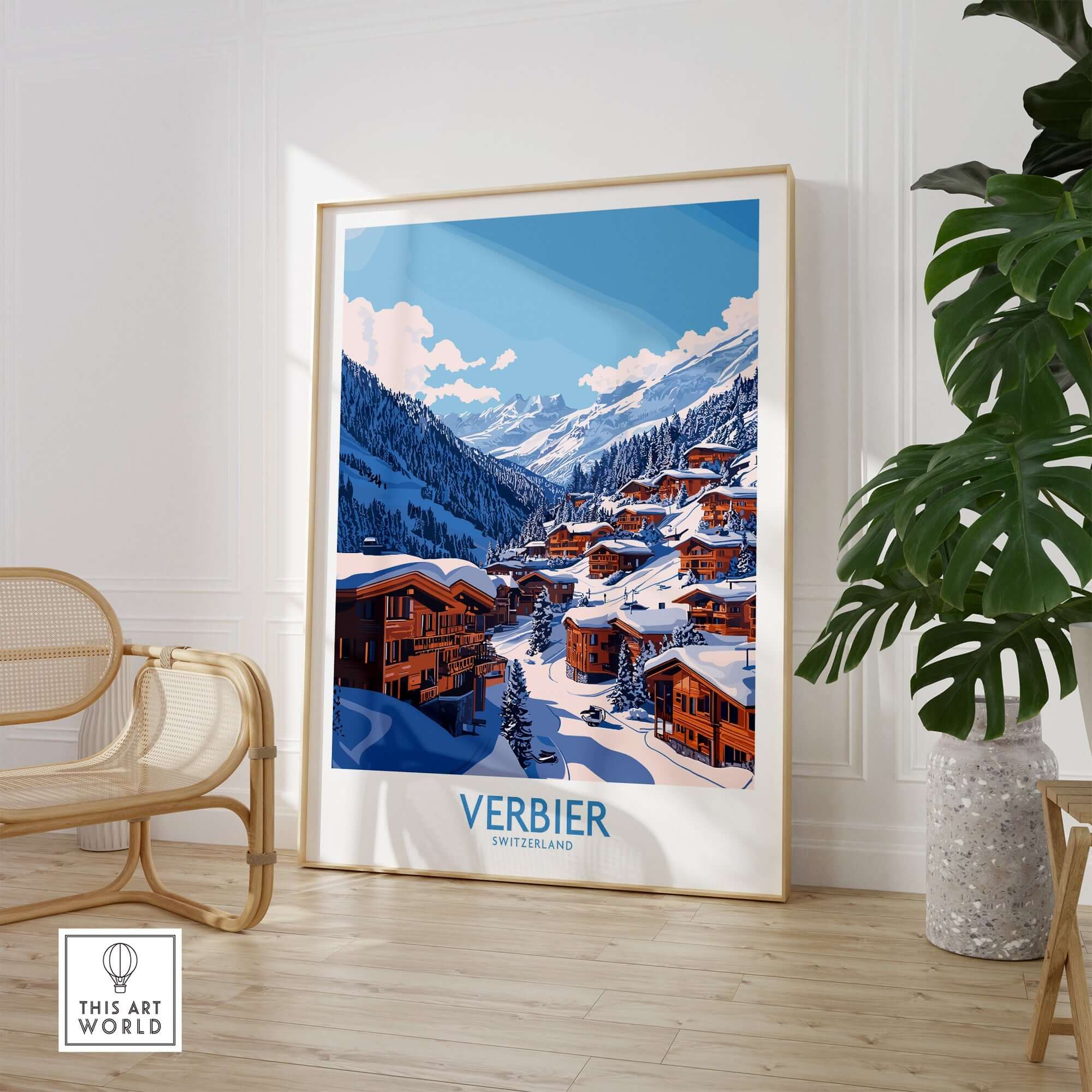 Verbier travel poster showcasing the iconic Swiss ski resort with snowy mountains and charming chalets. Perfect for adventure enthusiasts.