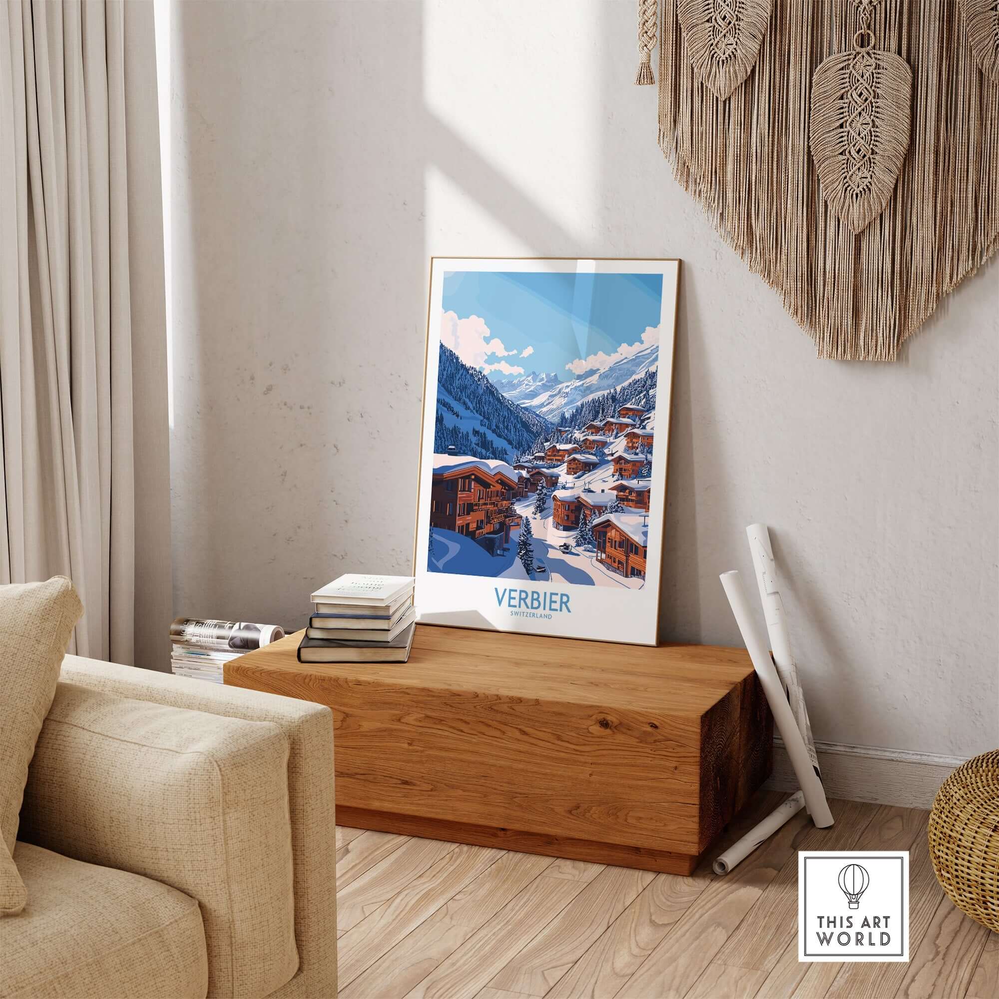 Verbier travel poster displayed in a cozy living room, showcasing the iconic Swiss ski resort's beauty and charm.