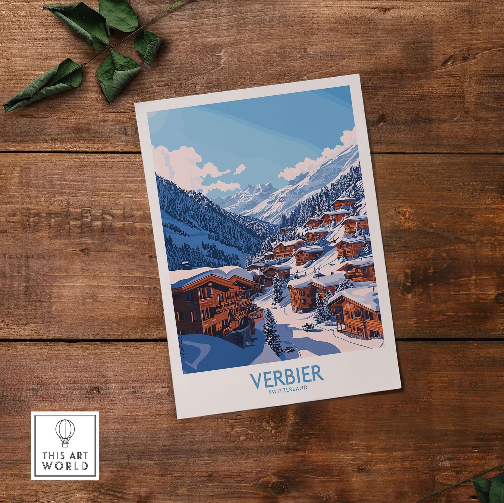 Verbier travel poster showcasing a picturesque ski resort in the Swiss Alps, perfect for winter adventure enthusiasts.