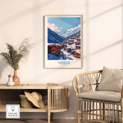 Verbier travel poster displayed in a stylish room with a cozy chair and decor, showcasing the iconic ski resort's beauty.