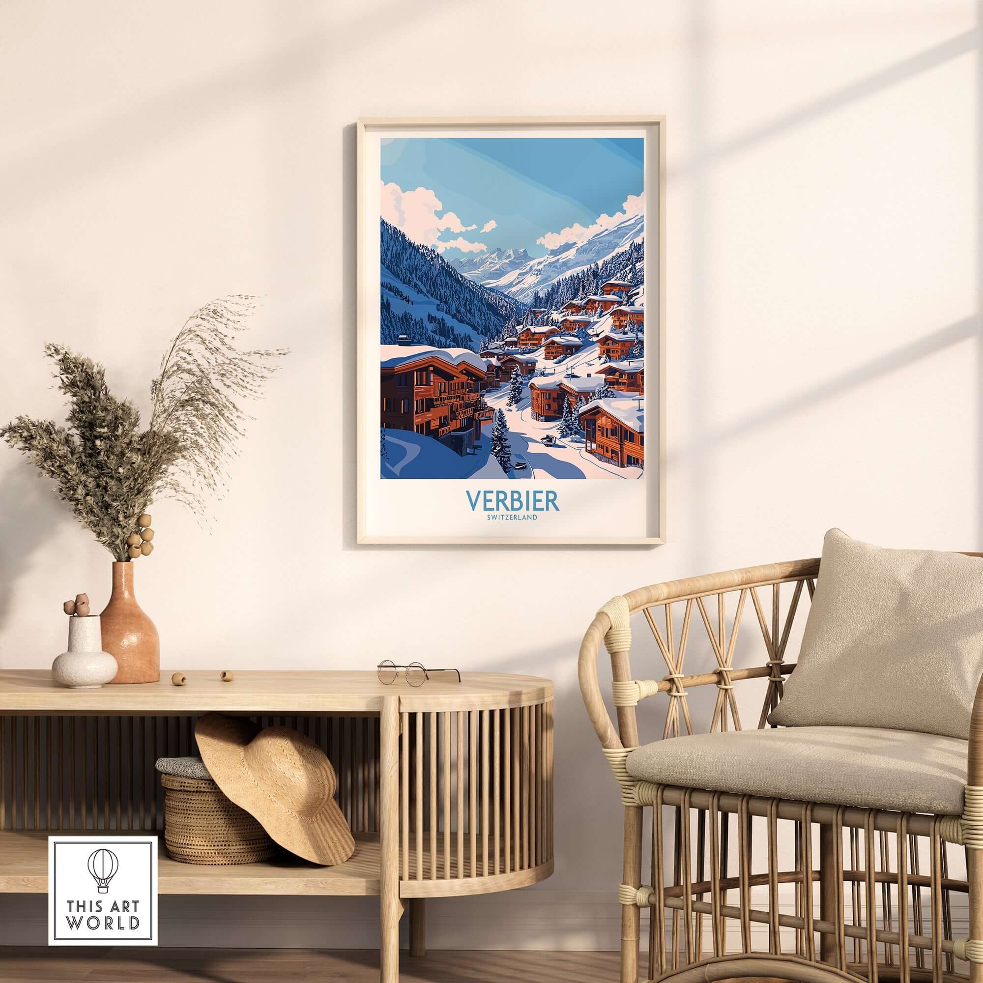 Verbier travel poster displayed in a stylish room with a cozy chair and decor, showcasing the iconic ski resort's beauty.