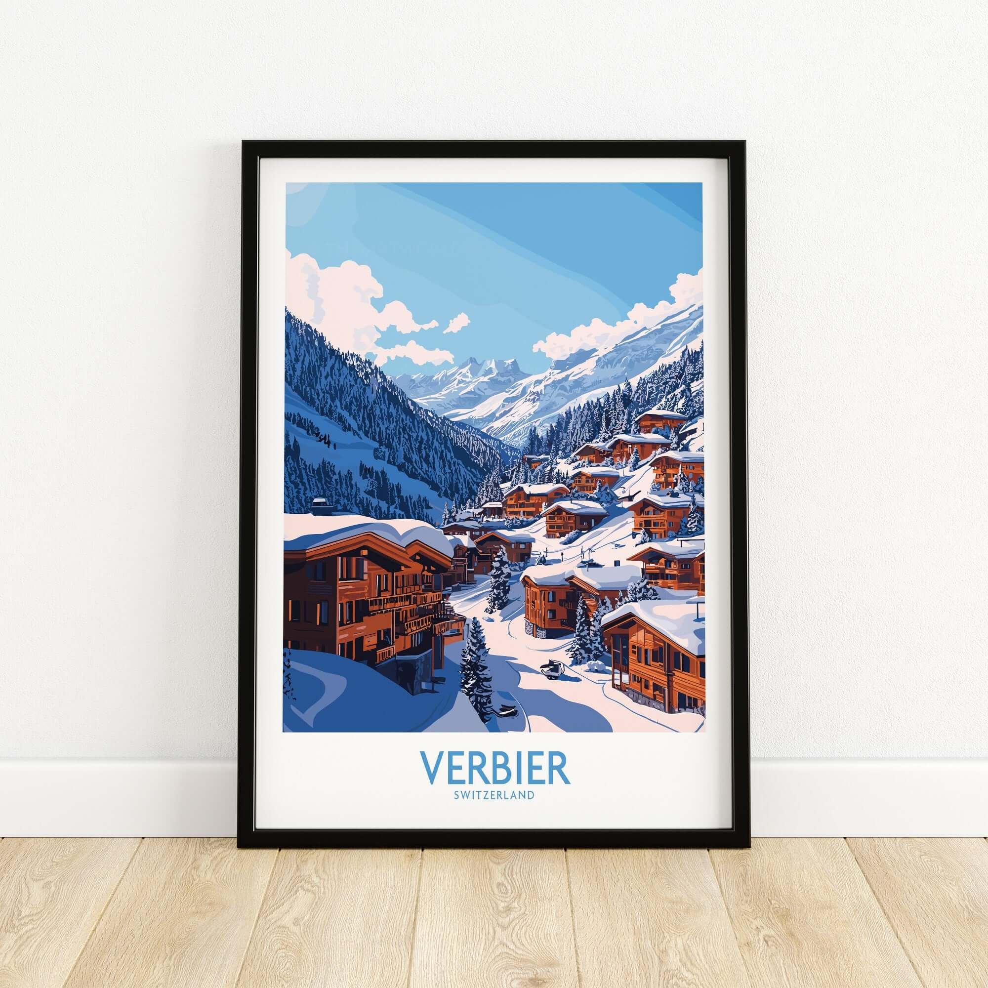 Verbier travel poster showcasing a snowy Swiss resort with mountains and charming wooden chalets. Perfect for ski enthusiasts.