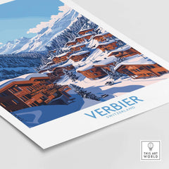 Verbier travel poster showcasing picturesque Swiss ski resort with charming wooden chalets and stunning mountain backdrop.
