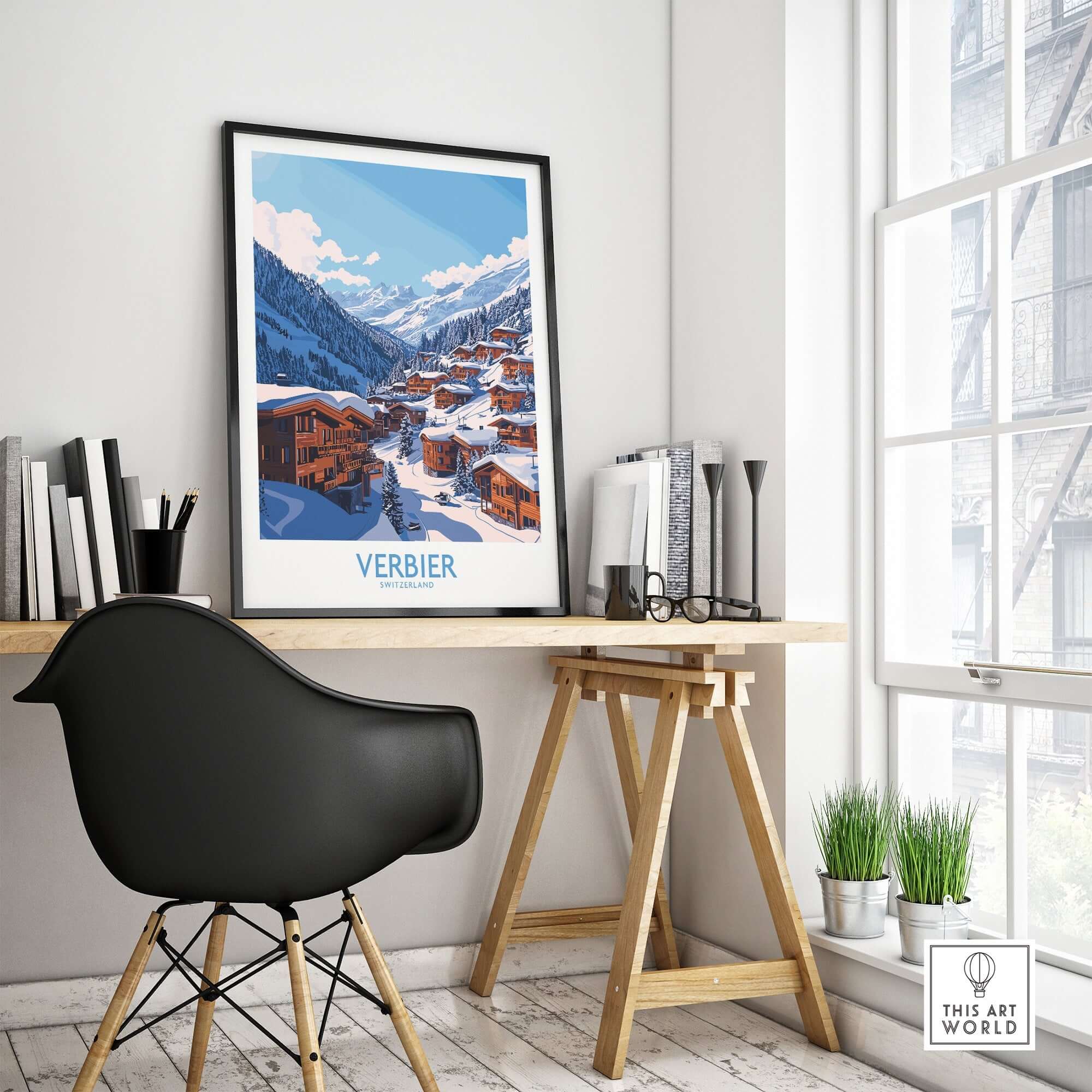 Verbier travel poster displayed in a stylish home office, capturing the scenic beauty of the iconic ski resort.