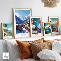 Collection of travel posters, including Verbier, showcasing scenic destinations like the Philippines, Beijing, and the Grand Canyon.