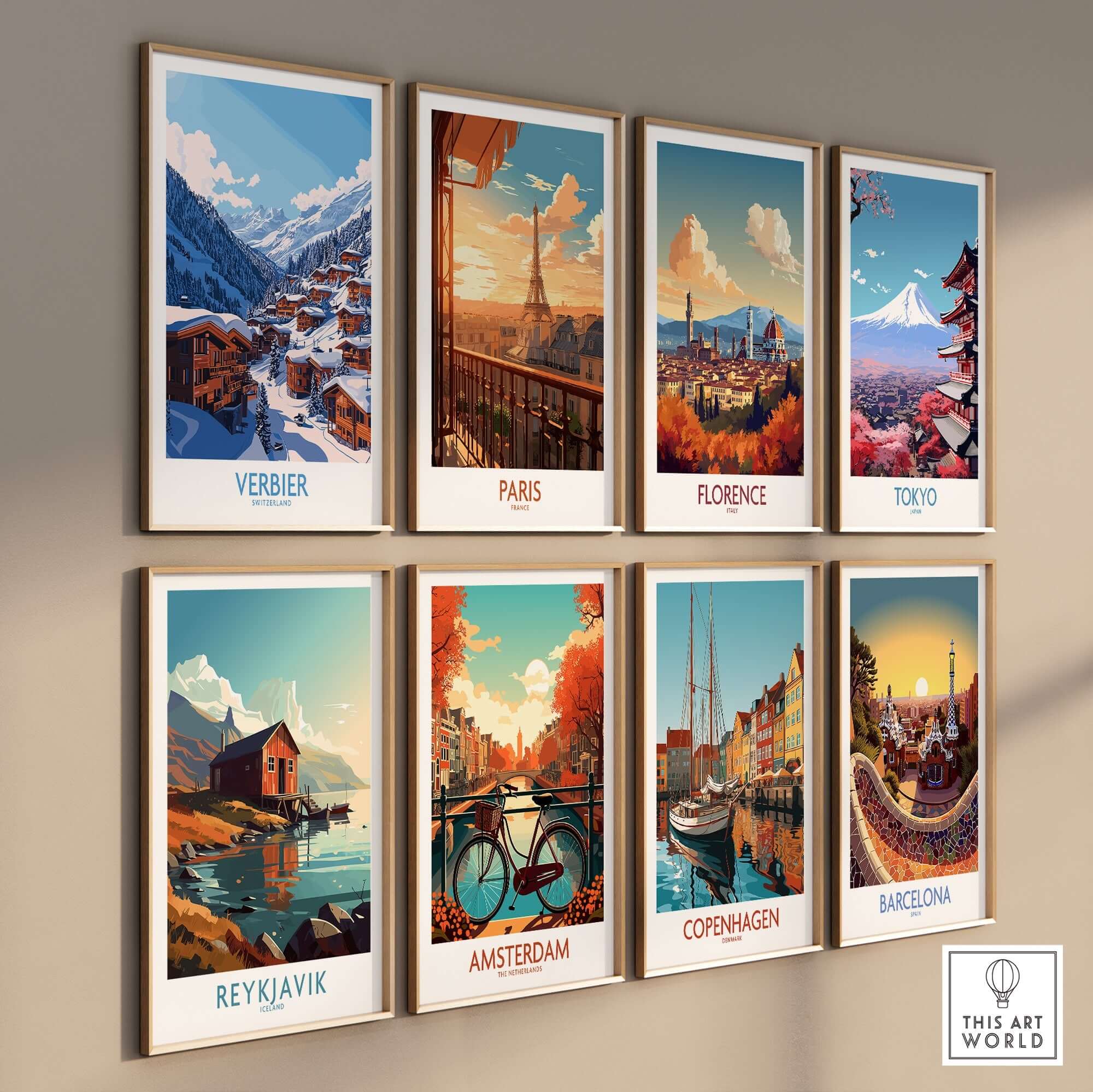 Collection of travel posters featuring Verbier, Paris, Florence, Tokyo, Reykjavik, Amsterdam, Copenhagen, and Barcelona on a wall.