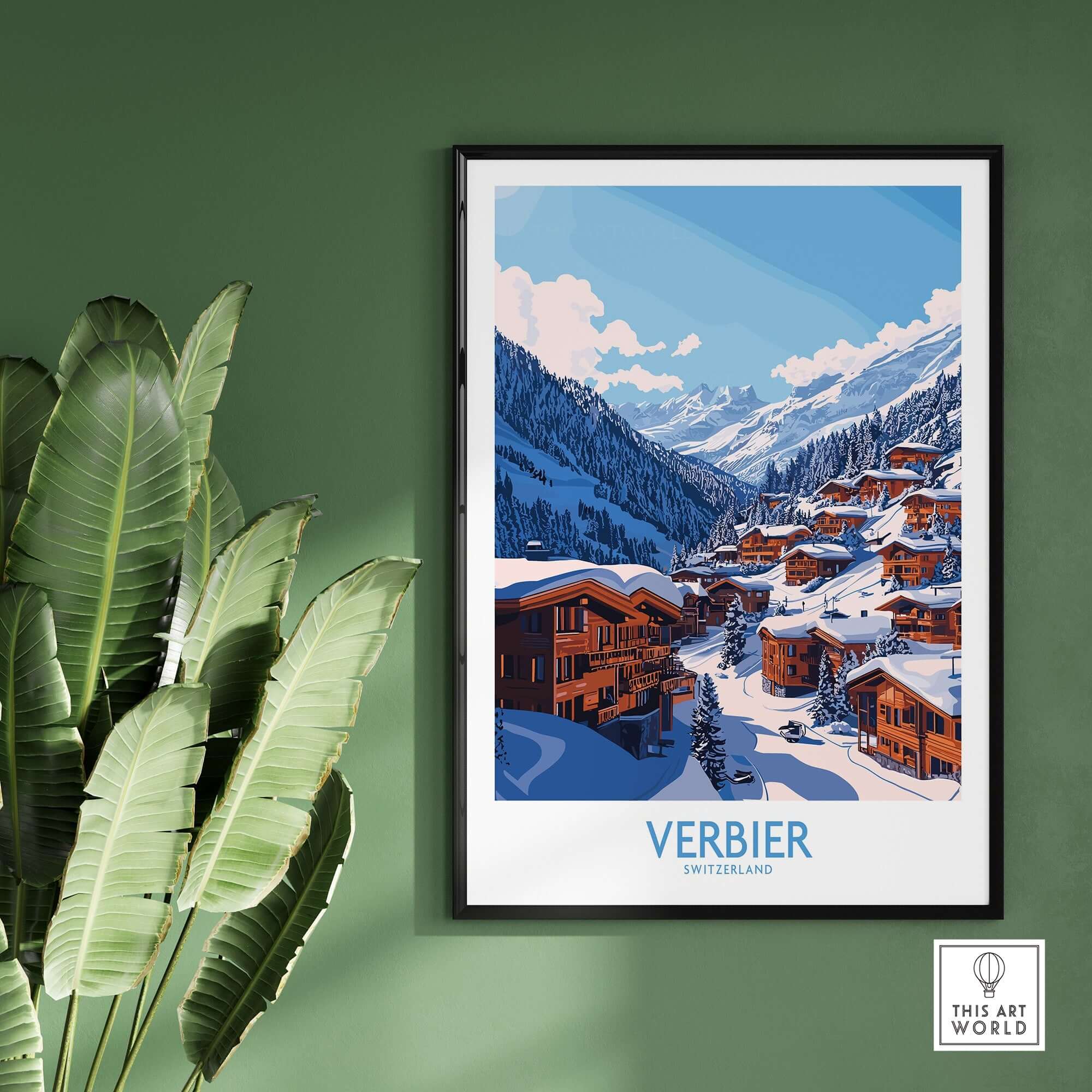 Verbier travel poster showcasing the scenic Swiss ski resort with snow-covered mountains and charming chalets.
