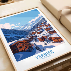 Verbier travel poster showcasing a snowy Swiss ski resort with charming wooden chalets and breathtaking mountain scenery.