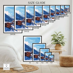 Size guide for Verbier Travel Print showcasing various frame sizes in a stylish interior setting.