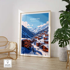 Verbier Travel Print showcasing the picturesque Swiss town, perfect for ski enthusiasts' home decor.