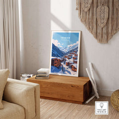 Verbier Travel Print showcasing a picturesque winter scene, perfect for ski enthusiasts' home decor.