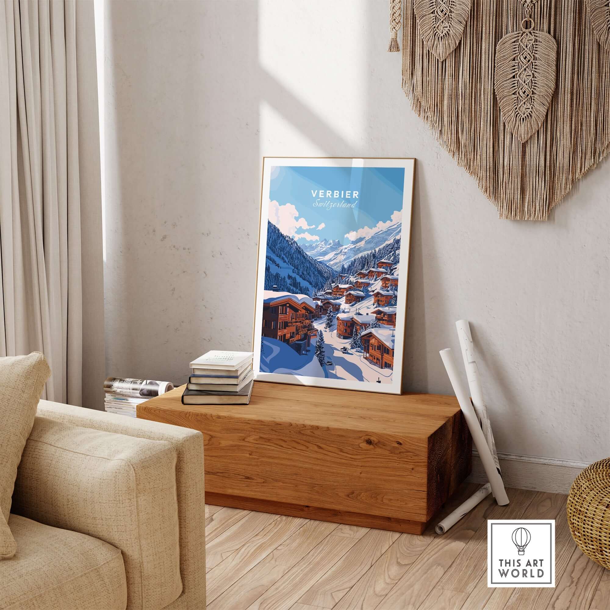 Verbier Travel Print showcasing a picturesque winter scene, perfect for ski enthusiasts' home decor.