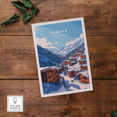 Verbier Travel Print showcasing a snow-covered mountain town, perfect for ski enthusiasts' home decor.