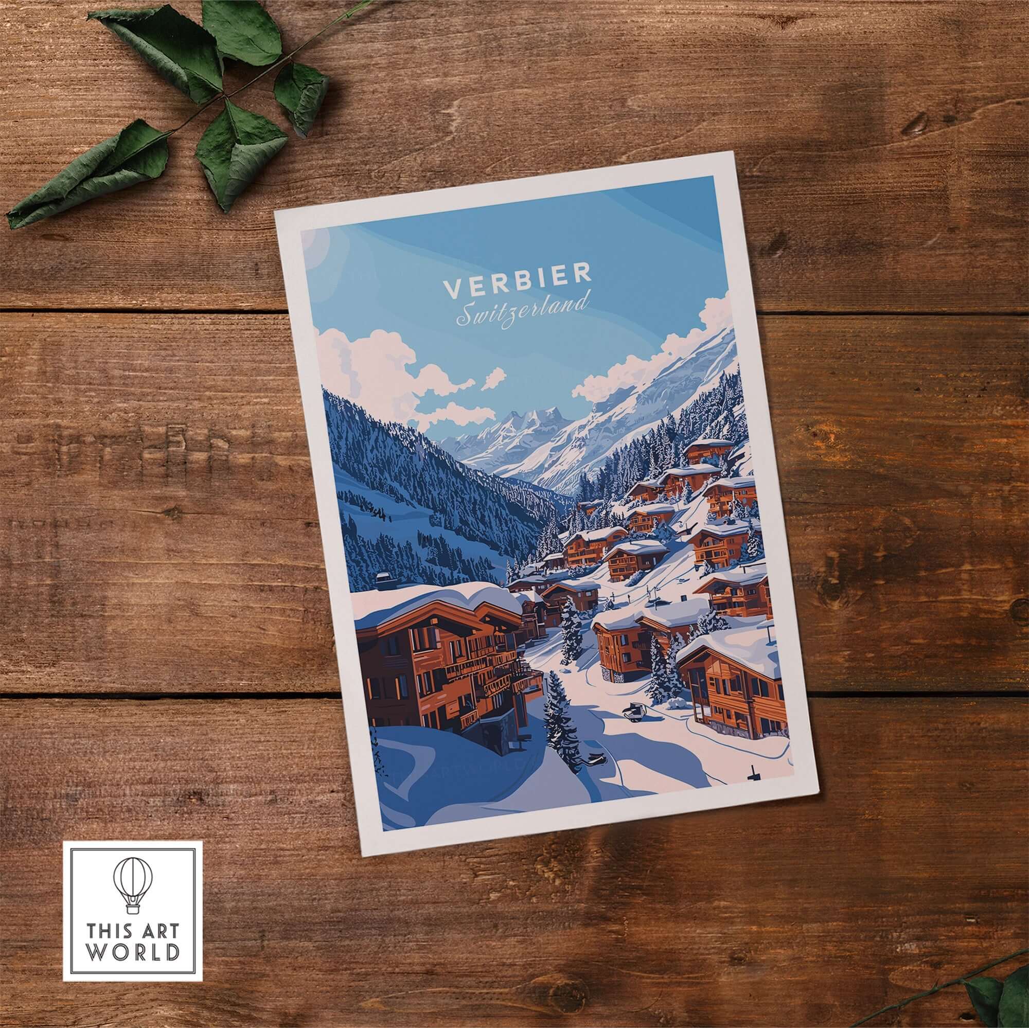 Verbier Travel Print showcasing a snow-covered mountain town, perfect for ski enthusiasts' home decor.