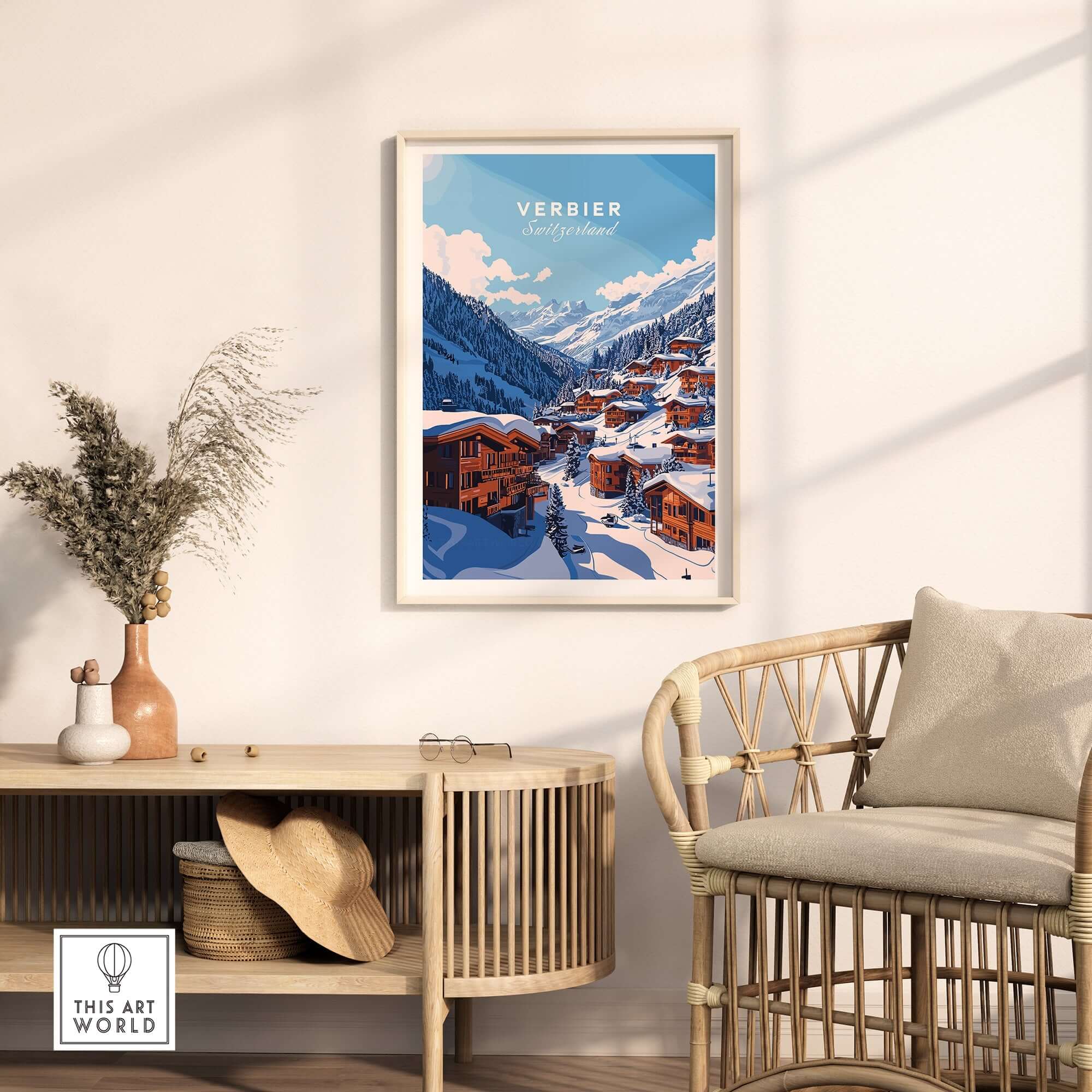 Verbier Travel Print showcasing a scenic winter landscape, perfect for ski enthusiasts' home decor.