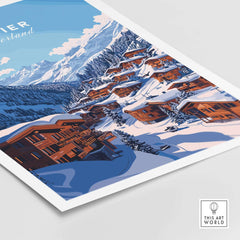 Verbier Travel Print showcasing a picturesque winter scene of snowy mountains and charming chalets in Switzerland.