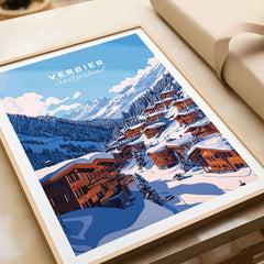 Verbier Travel Print showcasing picturesque Swiss mountains and charming chalets in winter landscape. Ideal for ski enthusiasts' decor.
