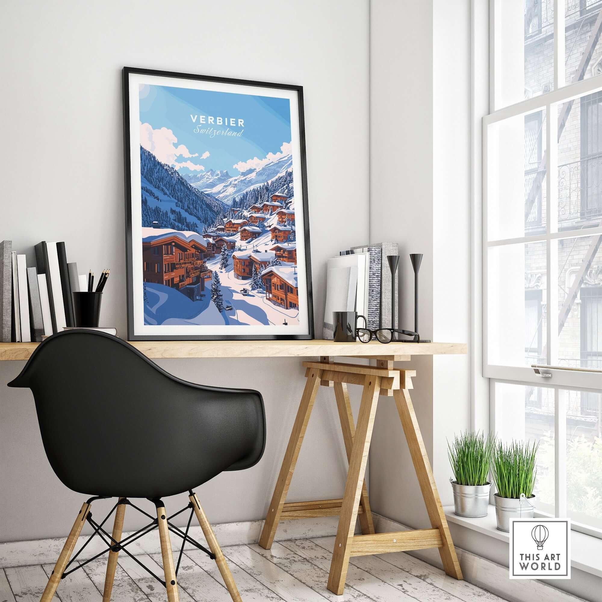 Verbier Travel Print displayed in a modern interior, showcasing snowy mountains and charming chalets, perfect for ski enthusiasts.