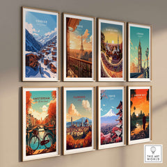 A collection of travel prints featuring cities like Verbier, Paris, Barcelona, and Tokyo, displayed in stylish frames on a wall.