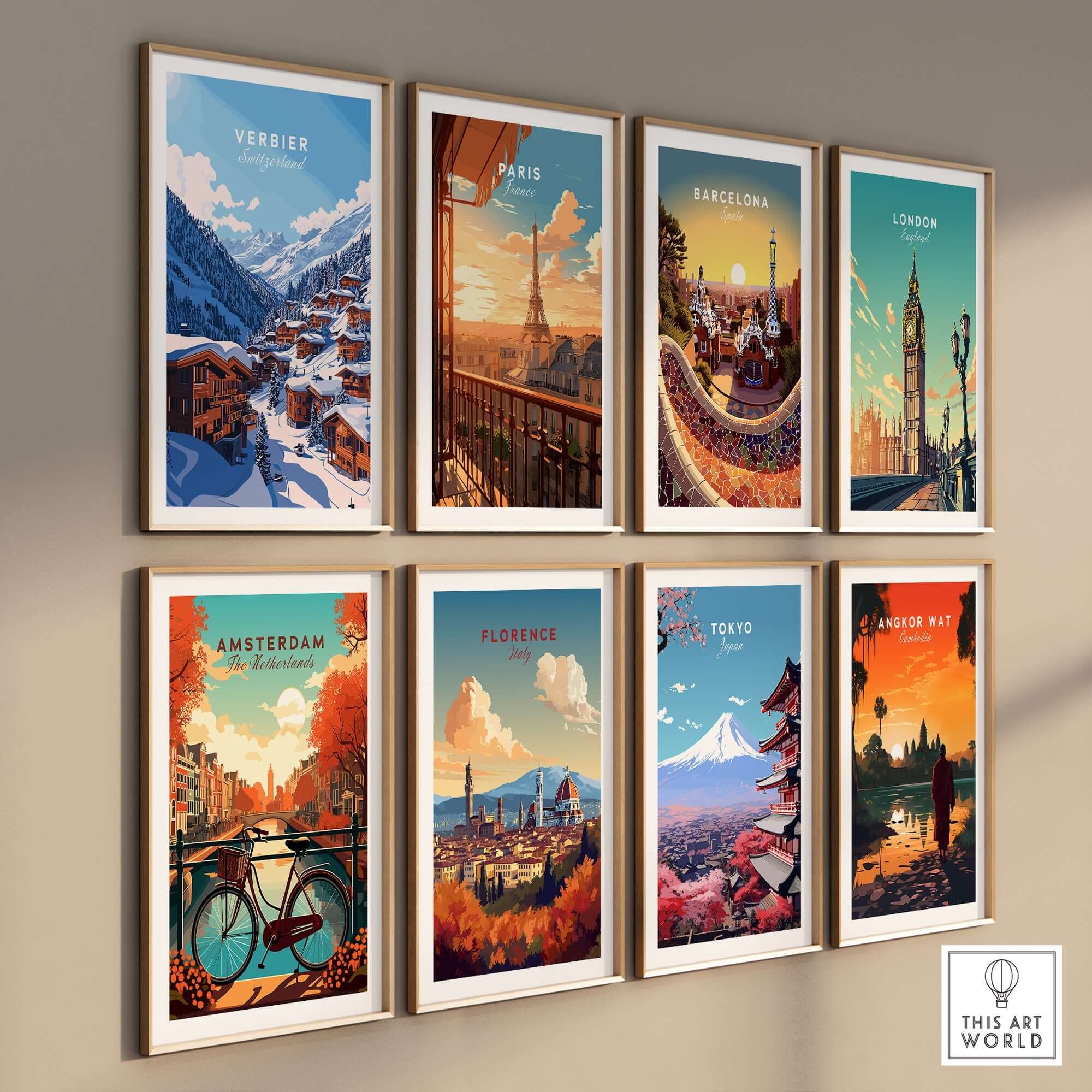A collection of travel prints featuring cities like Verbier, Paris, Barcelona, and Tokyo, displayed in stylish frames on a wall.