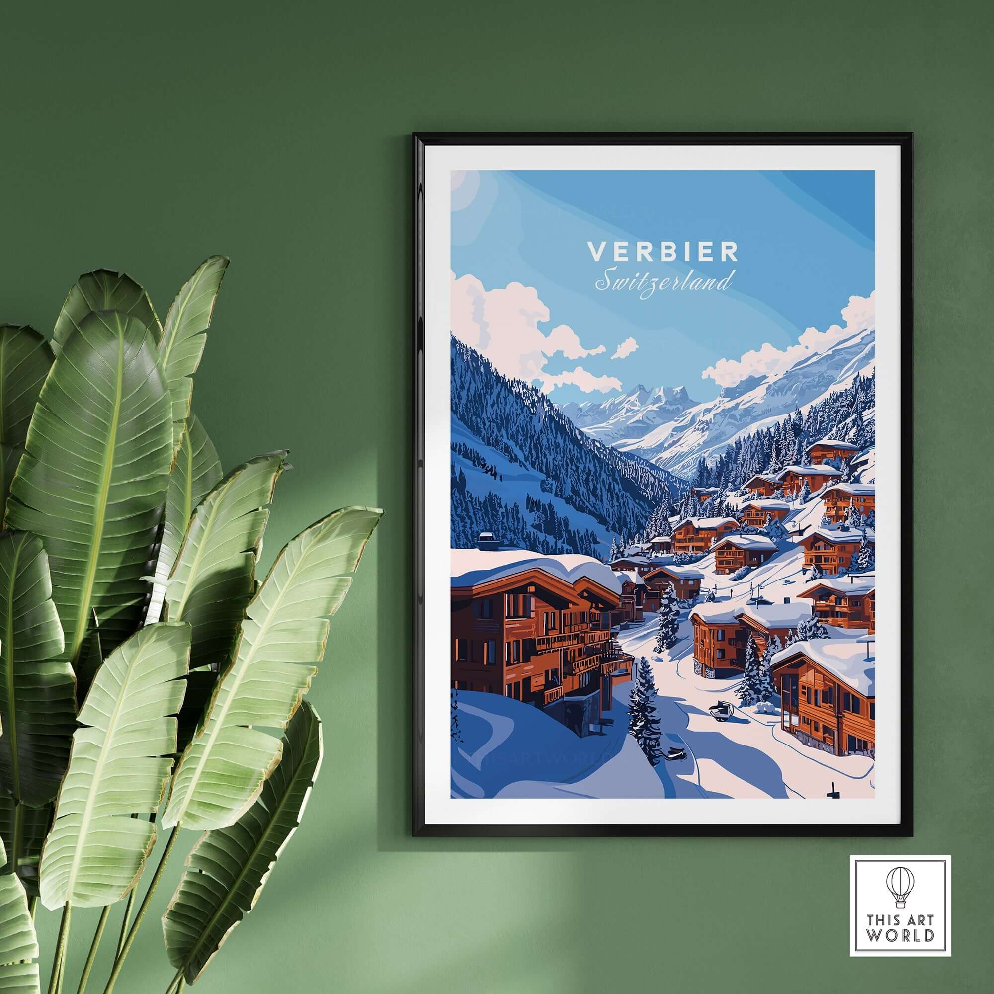 Verbier travel print featuring picturesque snowy mountains and charming chalets, ideal for ski enthusiasts' decor.