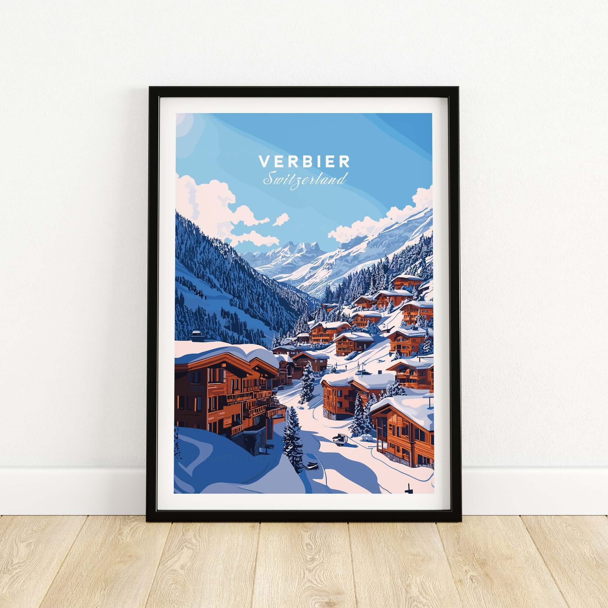 Verbier Travel Print featuring a picturesque winter scene of mountains and chalets in Verbier, Switzerland. Perfect for ski enthusiasts.