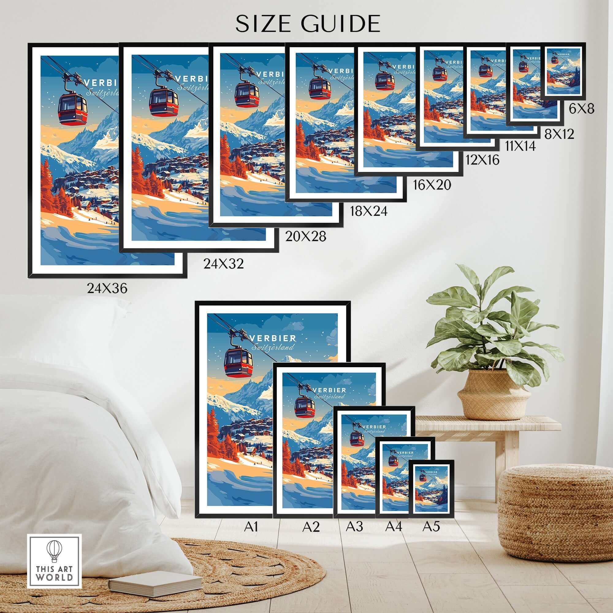 Verbier Wall Art size guide showcasing various framed options for a ski-themed print in a cozy decor setting.