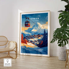 Verbier Wall Art featuring a ski lift and mountain scenery, perfect for winter decor and ski enthusiasts.