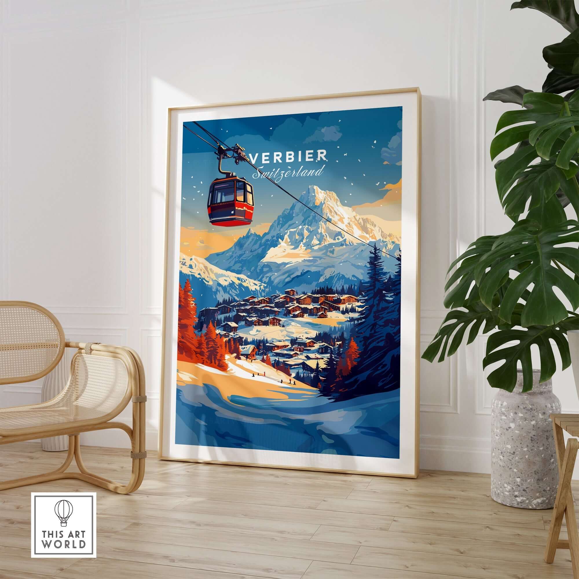 Verbier Wall Art featuring a ski lift and mountain scenery, perfect for winter decor and ski enthusiasts.