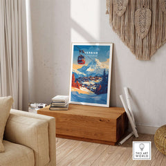 Verbier Wall Art featuring a ski print in a cozy living room setting, adding charm and adventure to home decor.