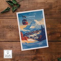 Verbier Wall Art showcasing a picturesque ski scene with mountains and a gondola, perfect for winter decor.
