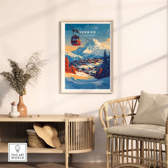 Verbier wall art featuring a ski print and gondola, enhancing home decor with a winter wonderland theme.