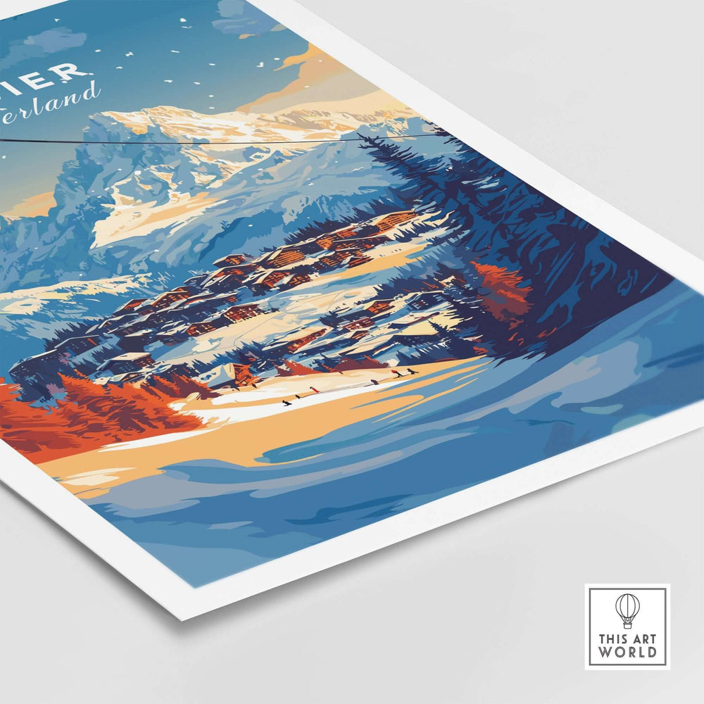 Verbier Wall Art featuring a vibrant ski scene with snow-covered mountains and a cozy village, perfect for winter decor.