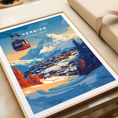 Verbier Wall Art featuring a ski print with a gondola over a picturesque snowy landscape in vibrant colors.