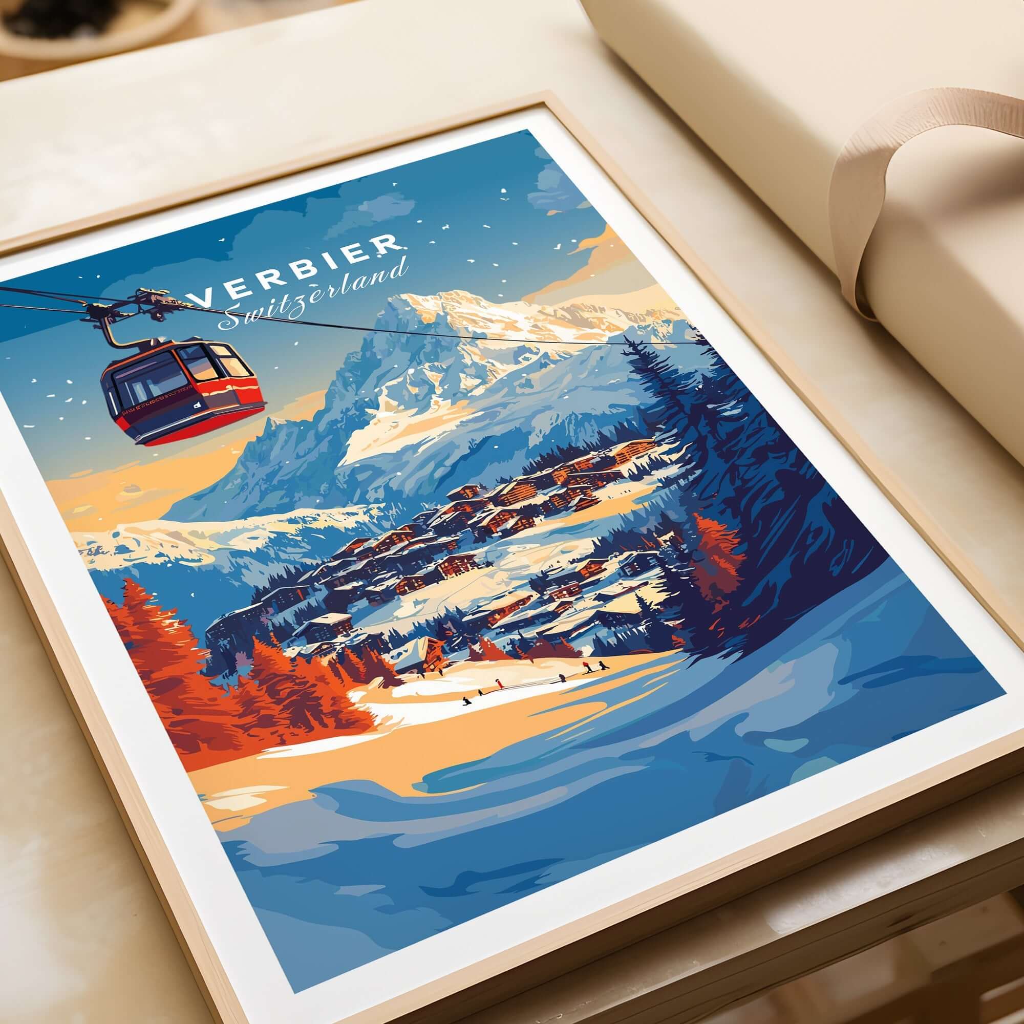 Verbier Wall Art featuring a ski print with a gondola over a picturesque snowy landscape in vibrant colors.