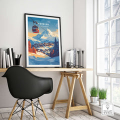 Verbier Wall Art featuring a ski print in a cozy home office setting, enhancing winter decor with charm and adventure.