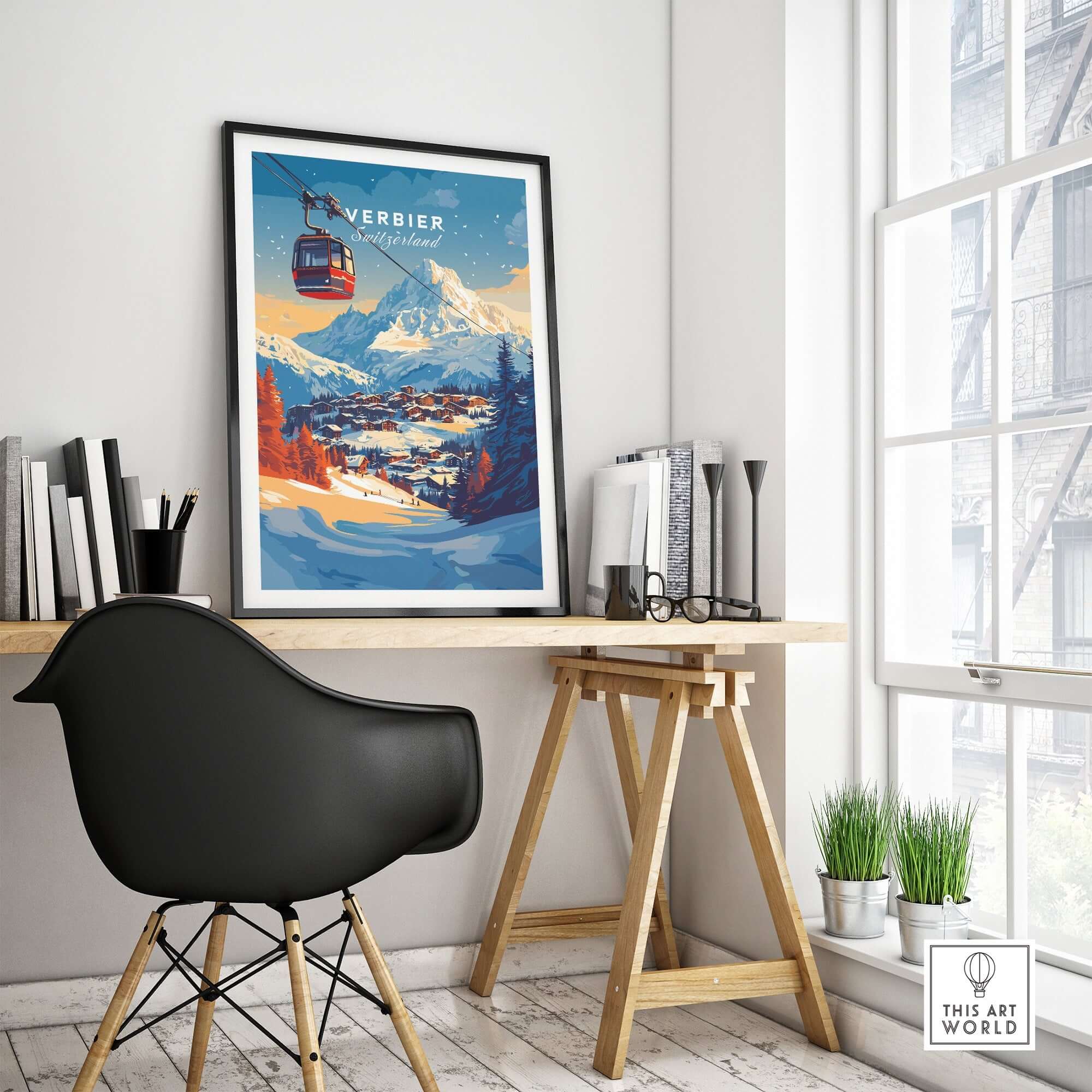 Verbier Wall Art featuring a ski print in a cozy home office setting, enhancing winter decor with charm and adventure.