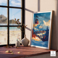 Verbier Wall Art print featuring a ski resort scene and cable car in a bright room with a scenic view. Perfect for ski decor.