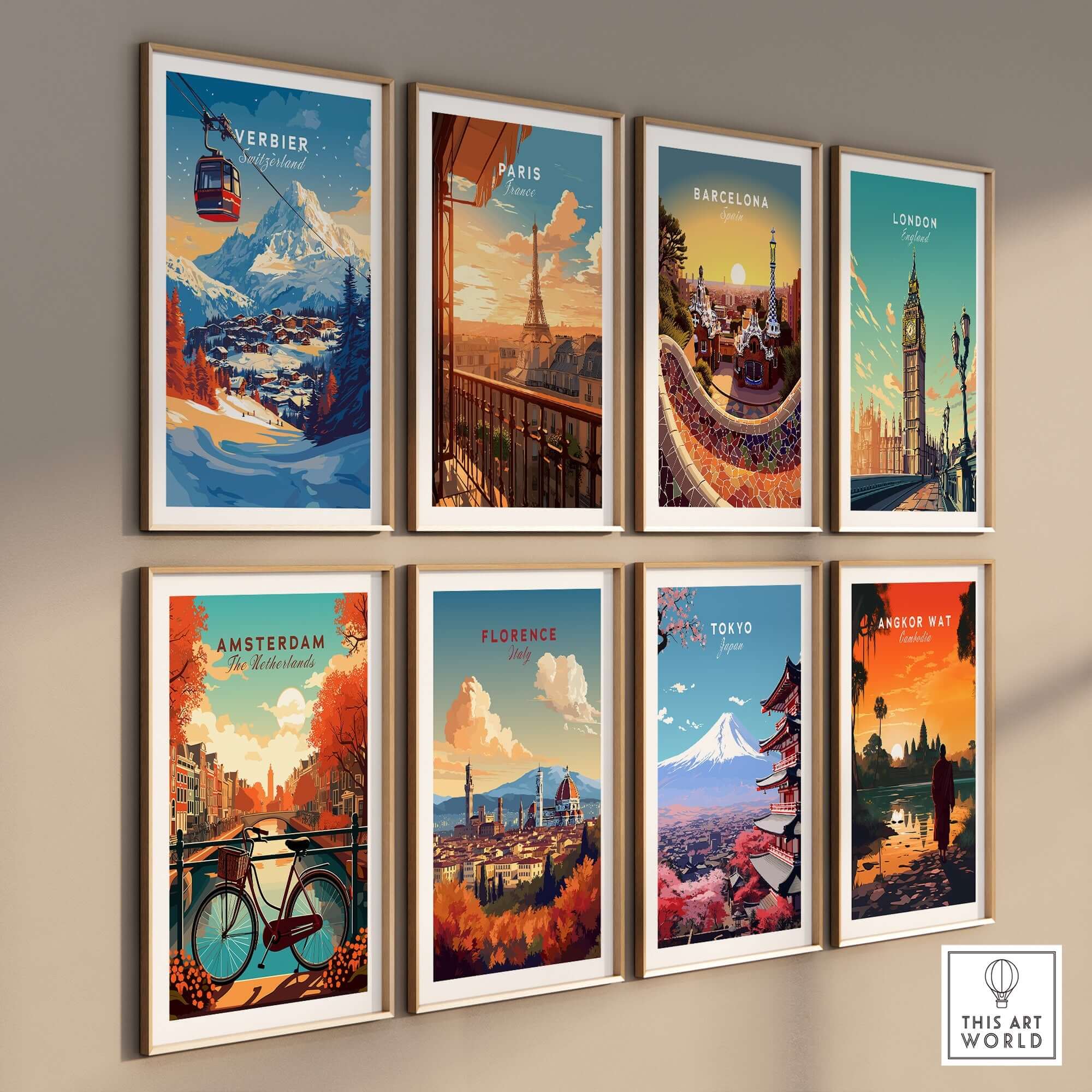 A collection of framed travel art prints featuring cities like Verbier, Paris, Barcelona, and Tokyo, showcasing vibrant landscapes.
