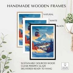 Handmade wooden frames in natural, white, and black showcasing Verbier Wall Art, featuring ski print and clear Perspex glaze.
