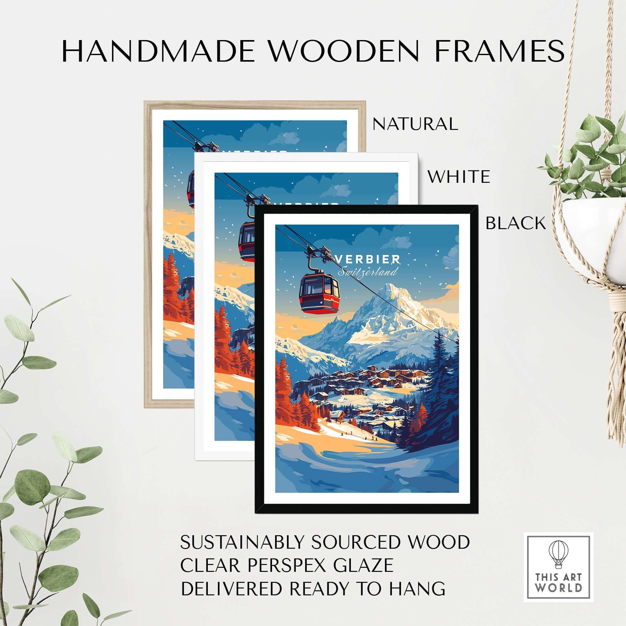 Handmade wooden frames in natural, white, and black showcasing Verbier Wall Art, featuring ski print and clear Perspex glaze.