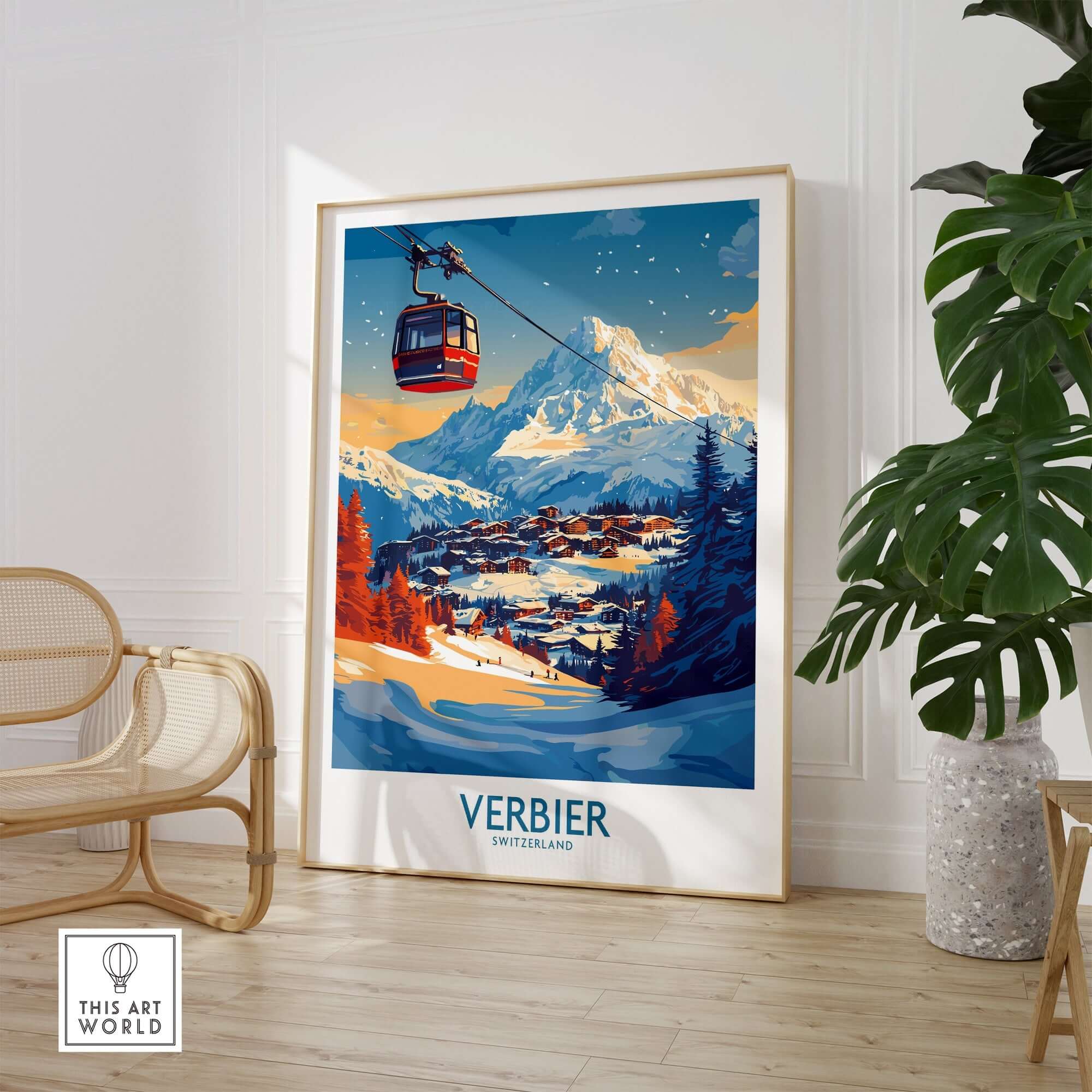 Verbier Wall Art Print featuring a scenic winter ski landscape with a gondola in Switzerland, perfect for home decor.
