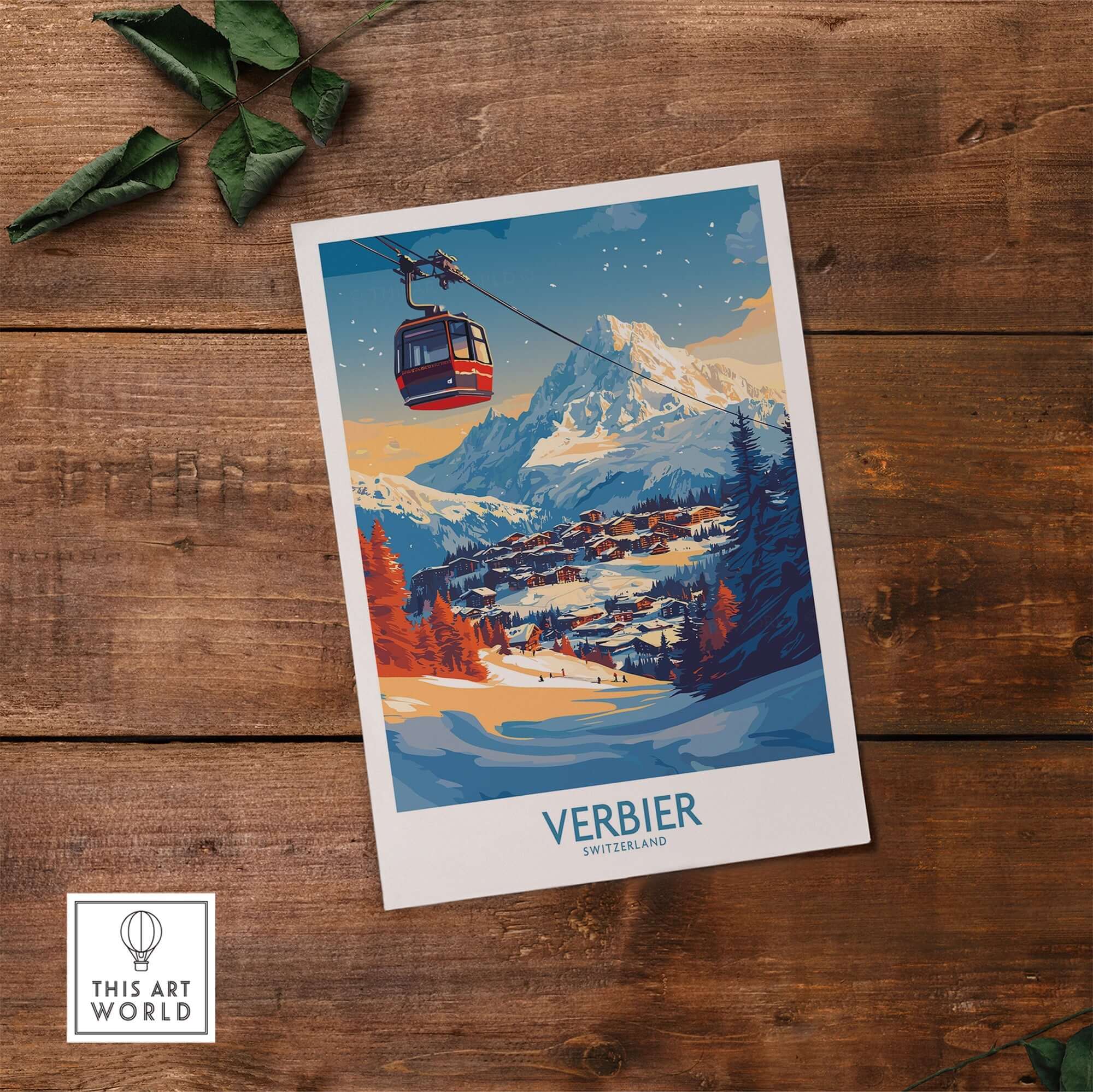Verbier Wall Art Print featuring a scenic view of snowy mountains and a ski lift, perfect for winter-themed decor.