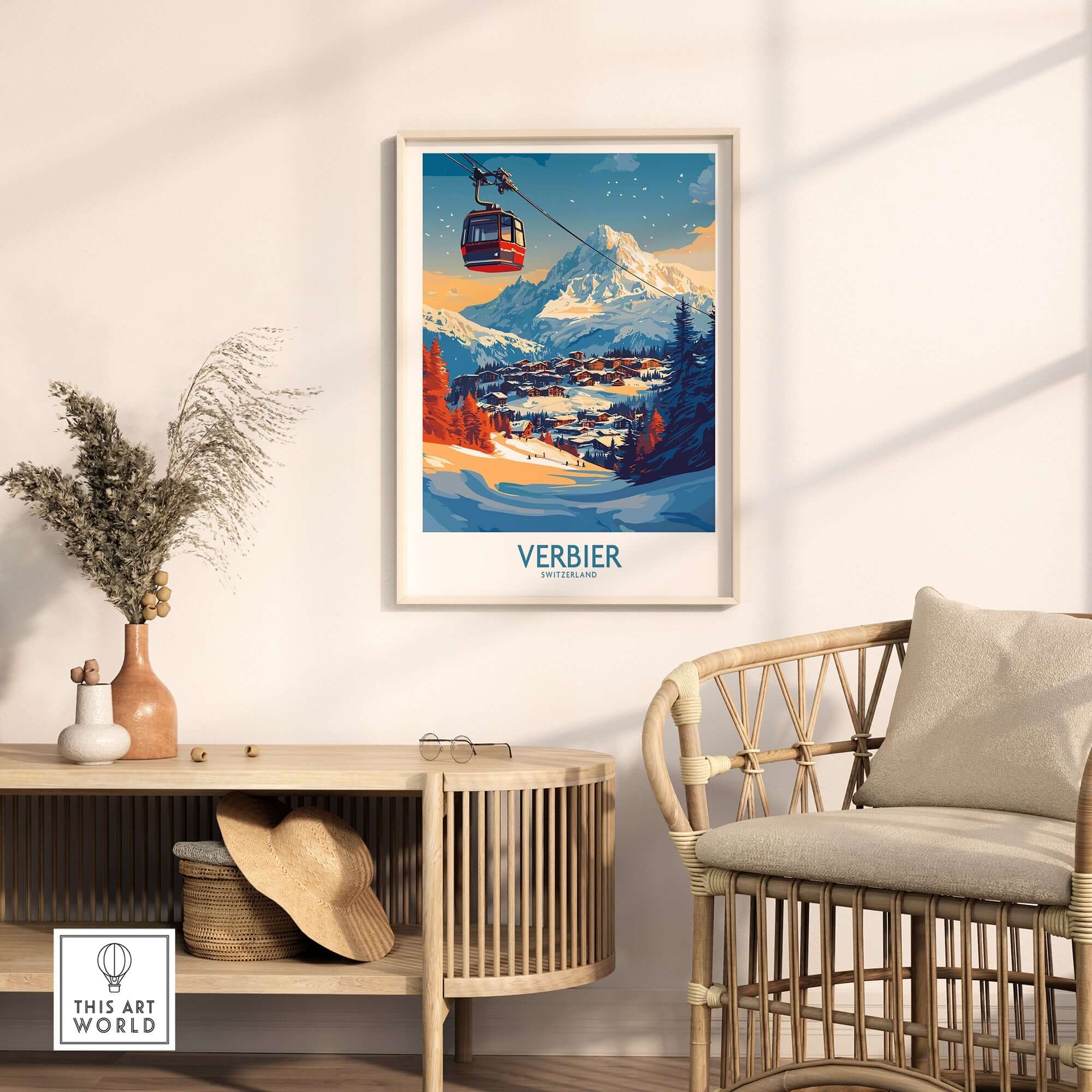 Verbier Wall Art Print featuring a ski gondola and snowy mountain scene, perfect for winter-themed home decor.