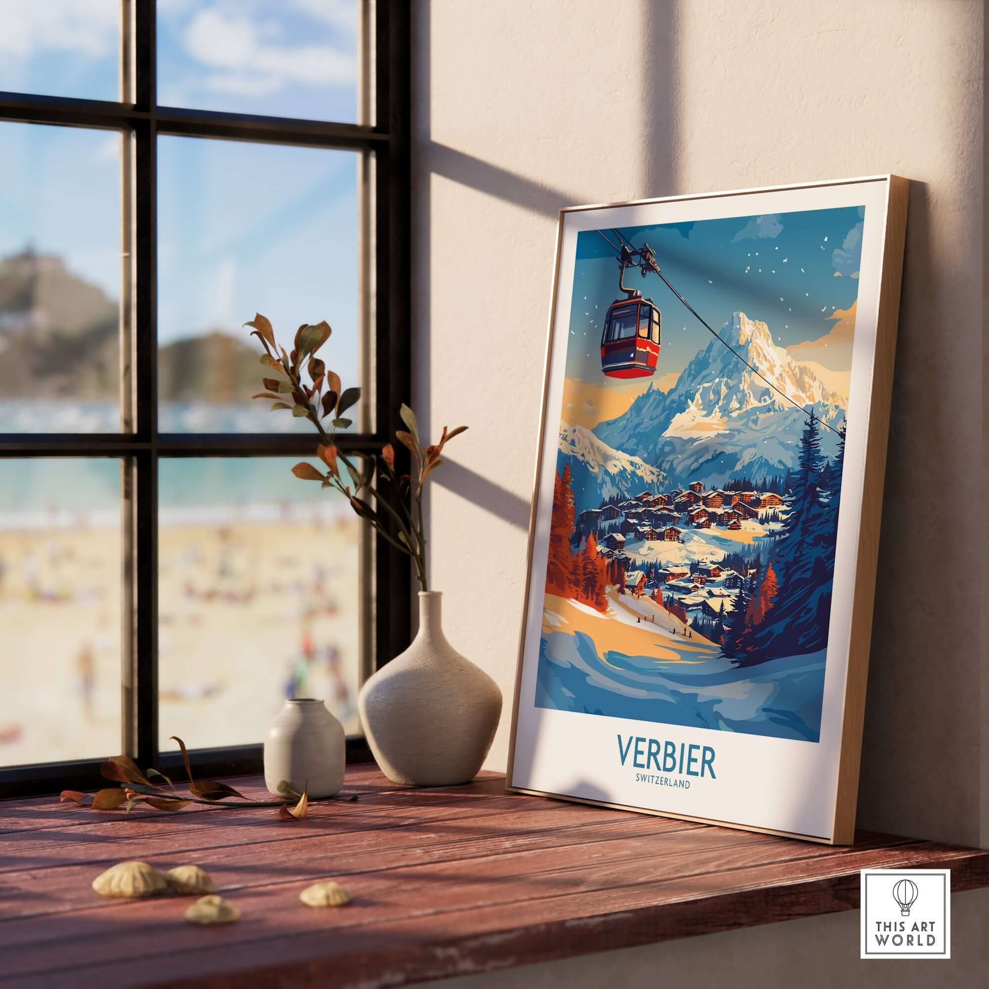 Verbier Wall Art Print featuring mountains and a ski lift, perfect for winter-themed home decor.