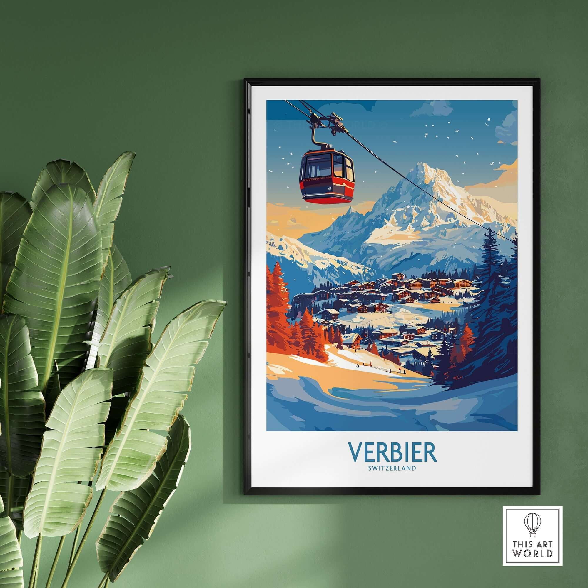 Verbier wall art print featuring a scenic ski lift and snowy mountains, perfect for winter-themed home decor.